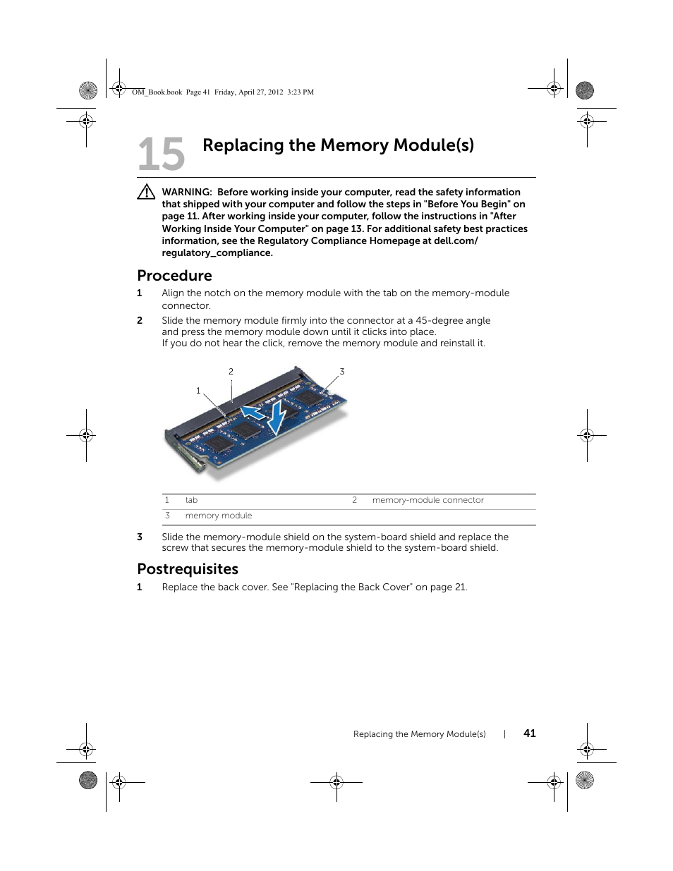 Replacing the memory module(s), Procedure, Postrequisites | Dell XPS One 2710 (Mid 2012) User Manual | Page 41 / 166