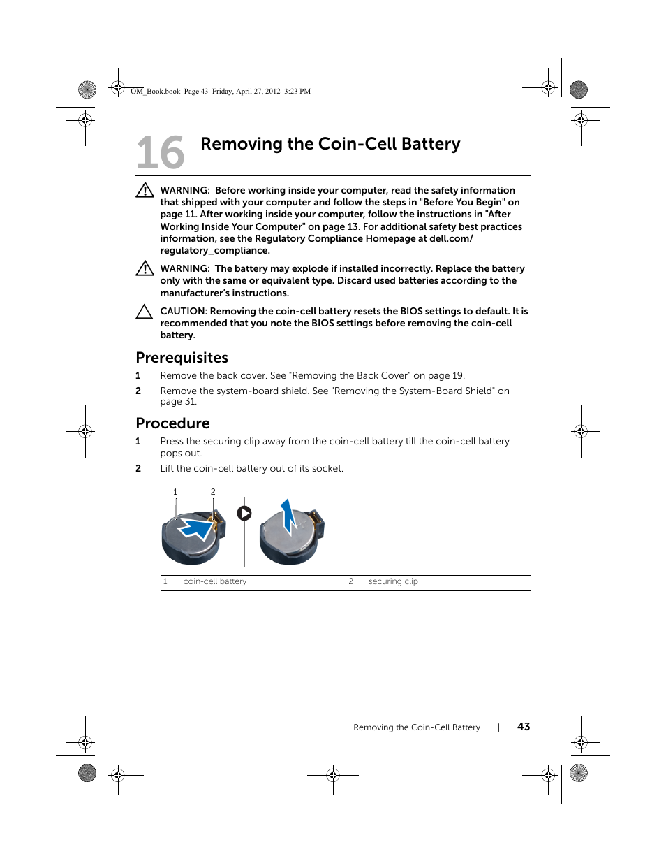 Removing the coin-cell battery, Prerequisites, Procedure | Dell XPS One 2710 (Mid 2012) User Manual | Page 43 / 166