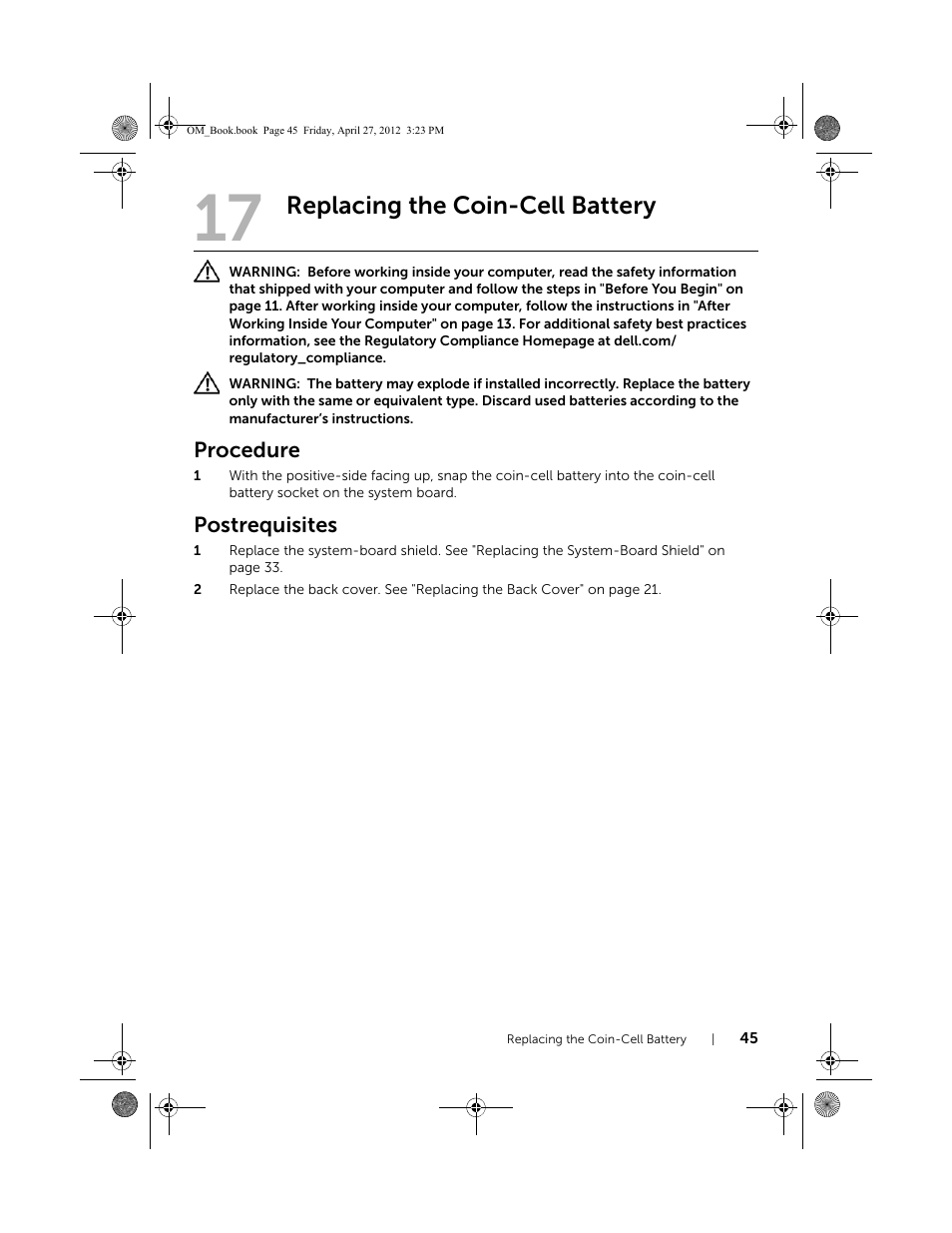 Replacing the coin-cell battery, Procedure, Postrequisites | Dell XPS One 2710 (Mid 2012) User Manual | Page 45 / 166