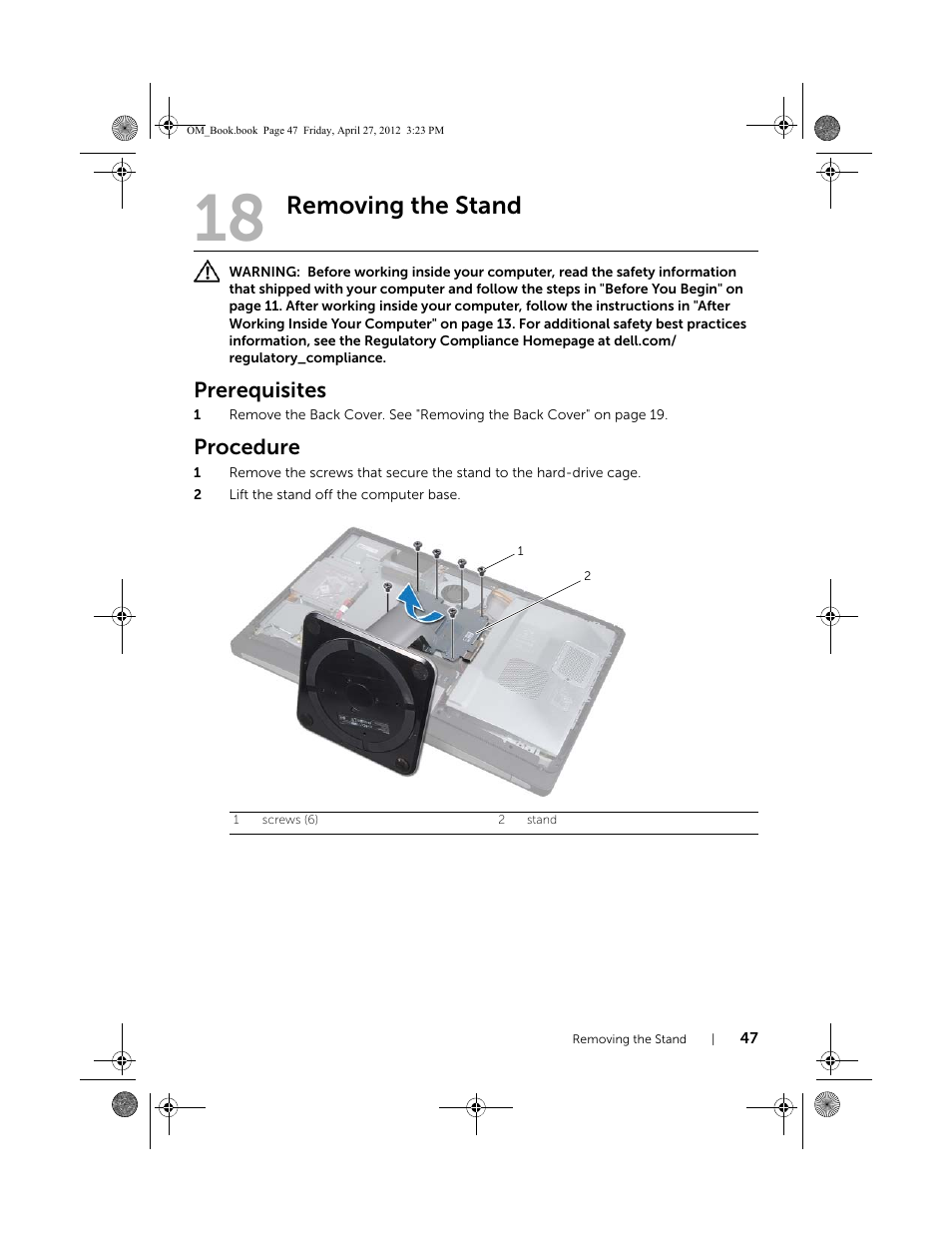 Removing the stand, Prerequisites, Procedure | Dell XPS One 2710 (Mid 2012) User Manual | Page 47 / 166