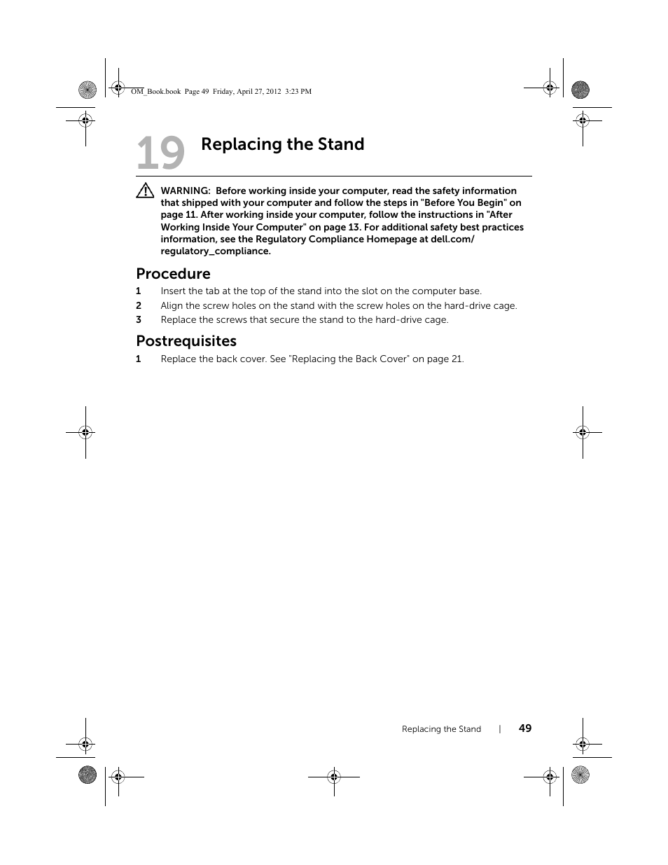 Replacing the stand, Procedure, Postrequisites | Dell XPS One 2710 (Mid 2012) User Manual | Page 49 / 166