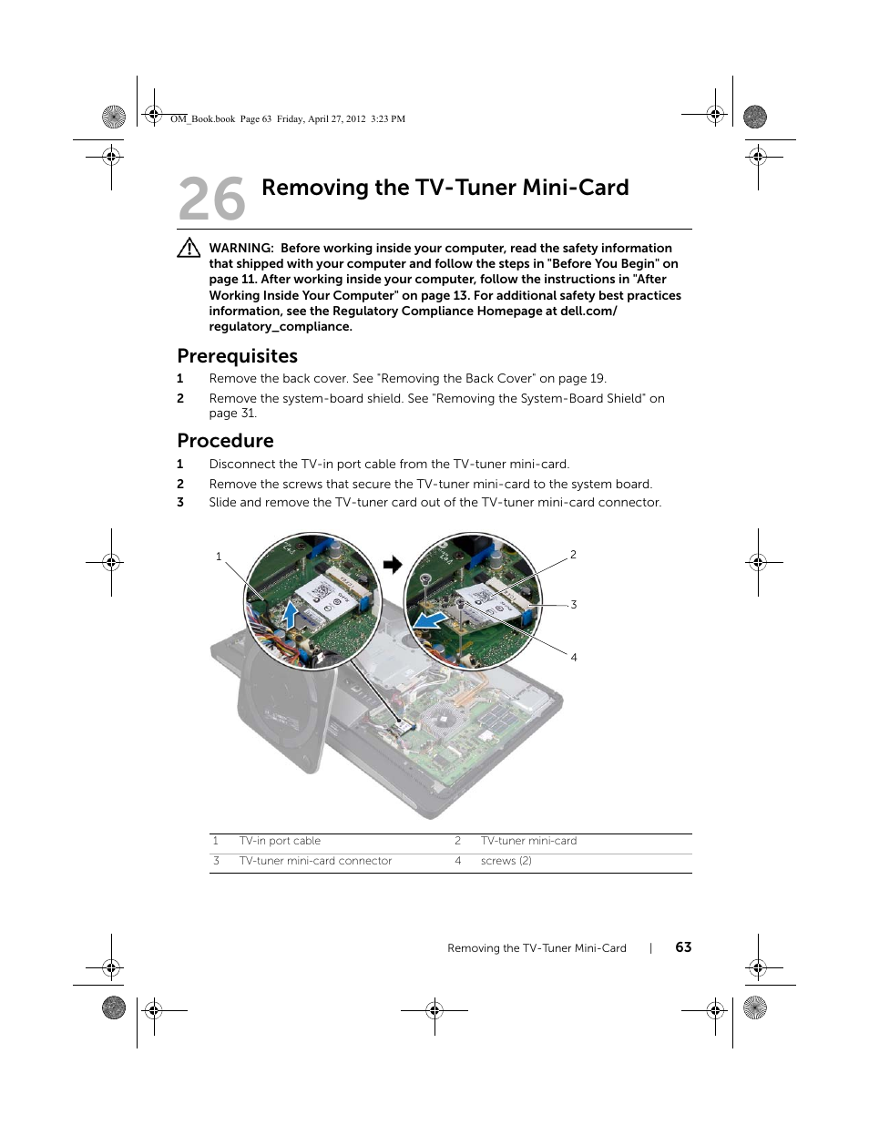 Removing the tv-tuner mini-card, Prerequisites, Procedure | Dell XPS One 2710 (Mid 2012) User Manual | Page 63 / 166