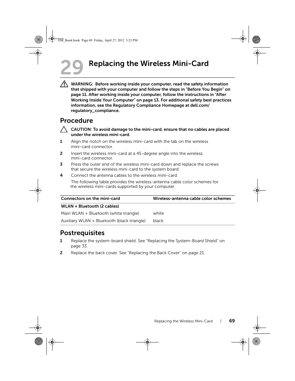 Replacing the wireless mini-card, Procedure, Postrequisites | Dell XPS One 2710 (Mid 2012) User Manual | Page 69 / 166
