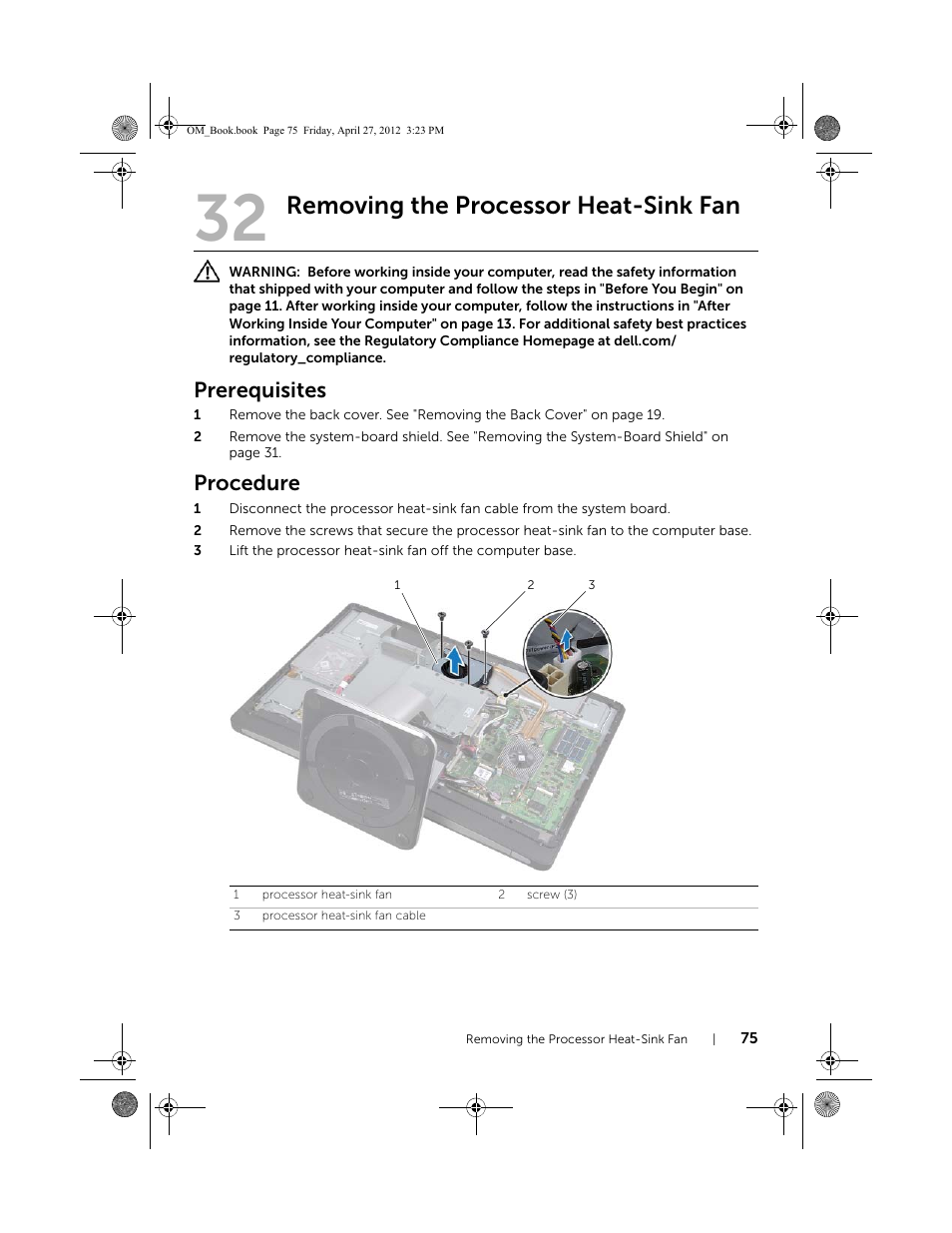 Removing the processor heat-sink fan, Prerequisites, Procedure | Dell XPS One 2710 (Mid 2012) User Manual | Page 75 / 166