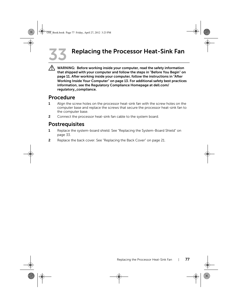 Replacing the processor heat-sink fan, Procedure, Postrequisites | Dell XPS One 2710 (Mid 2012) User Manual | Page 77 / 166