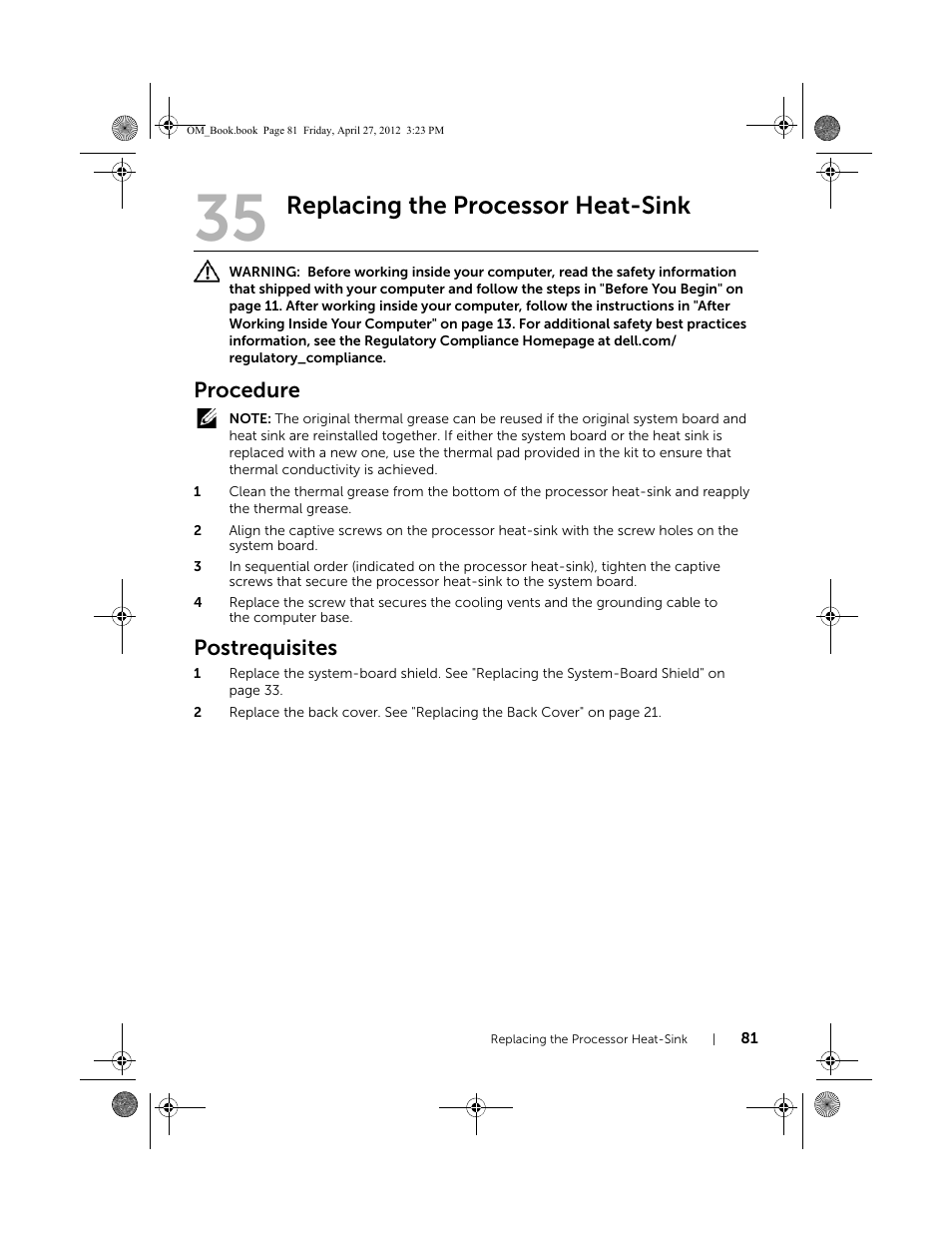 Replacing the processor heat-sink, Procedure, Postrequisites | Dell XPS One 2710 (Mid 2012) User Manual | Page 81 / 166