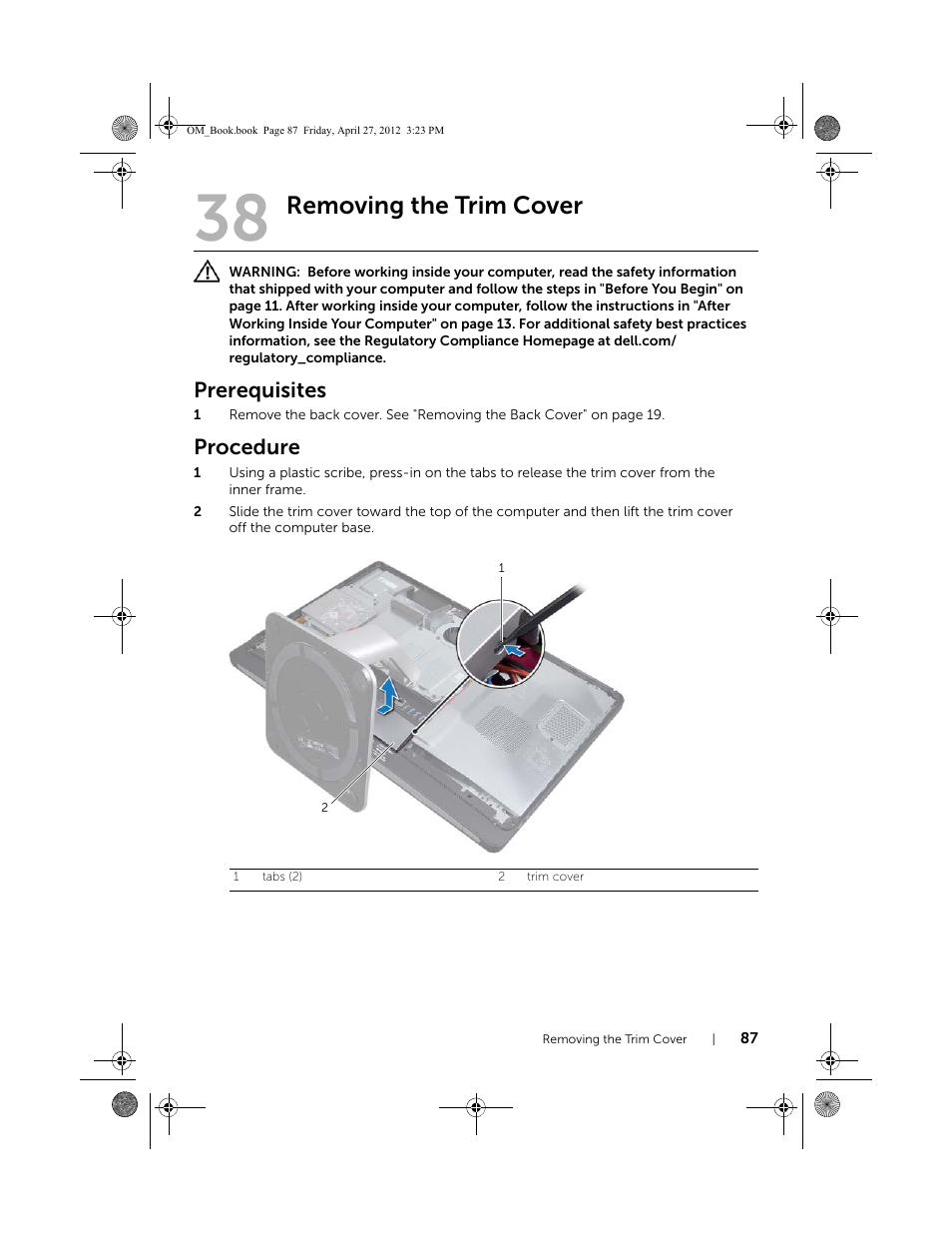 Removing the trim cover, Prerequisites, Procedure | Dell XPS One 2710 (Mid 2012) User Manual | Page 87 / 166