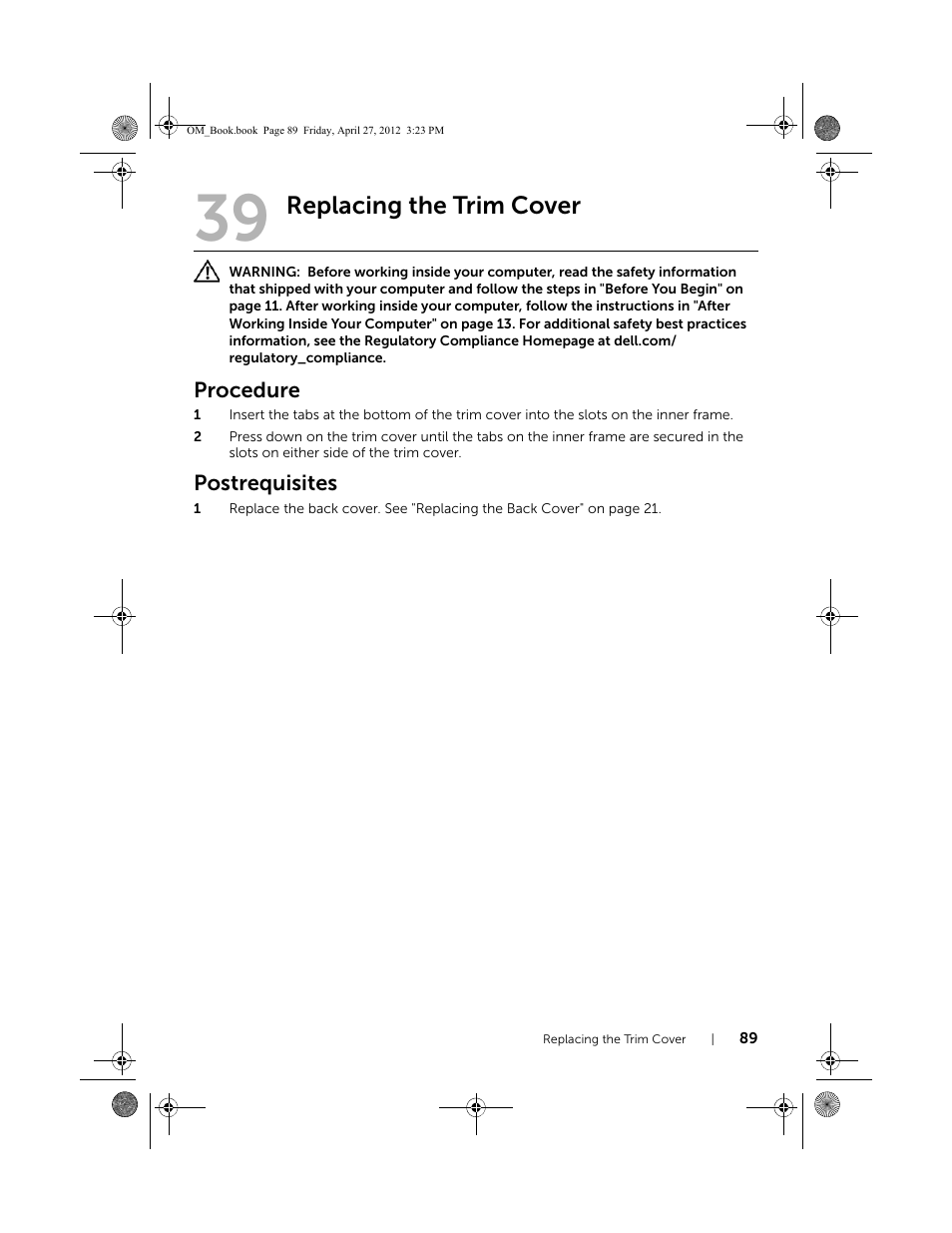 Replacing the trim cover, Procedure, Postrequisites | Dell XPS One 2710 (Mid 2012) User Manual | Page 89 / 166