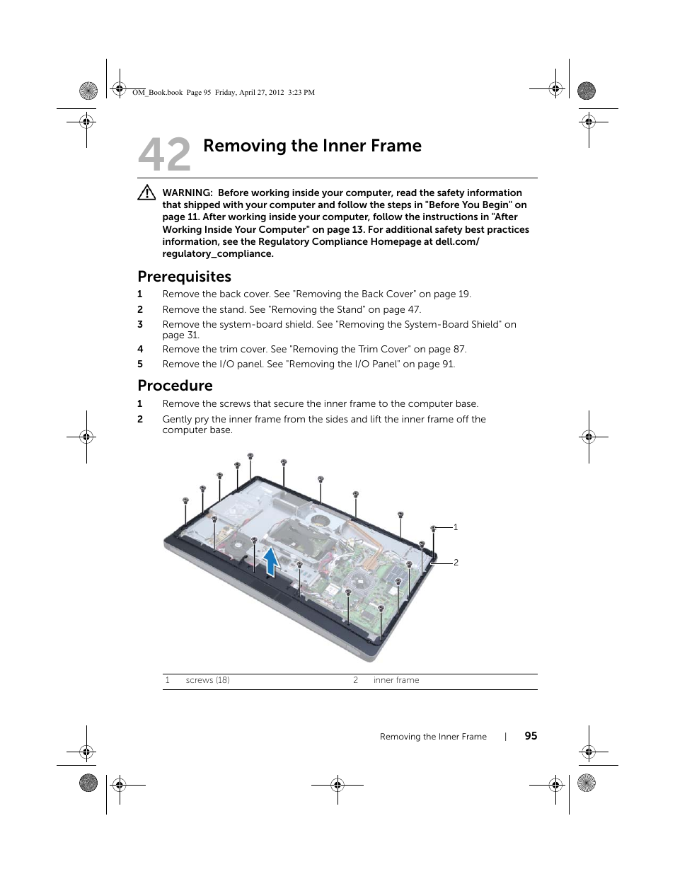 Removing the inner frame, Prerequisites, Procedure | Dell XPS One 2710 (Mid 2012) User Manual | Page 95 / 166
