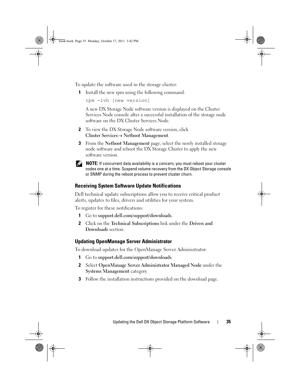 Receiving system software update notifications, Updating openmanage server administrator, Receiving system software | Update notifications | Dell DX6004S User Manual | Page 33 / 50