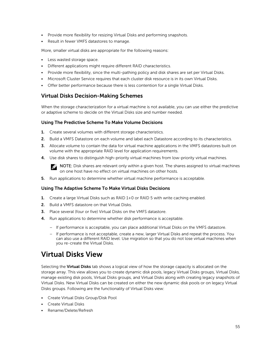 Virtual disks decision-making schemes, Virtual disks view | Dell PowerVault MD3260i User Manual | Page 55 / 88