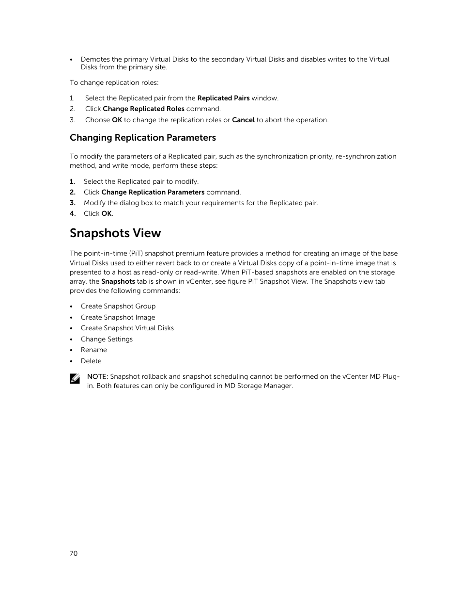 Changing replication parameters, Snapshots view | Dell PowerVault MD3260i User Manual | Page 70 / 88