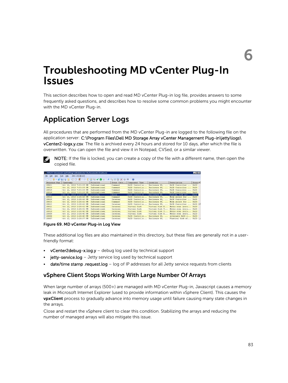 Troubleshooting md vcenter plug-in issues, Application server logs, 6 troubleshooting md vcenter plug-in issues | Dell PowerVault MD3260i User Manual | Page 83 / 88