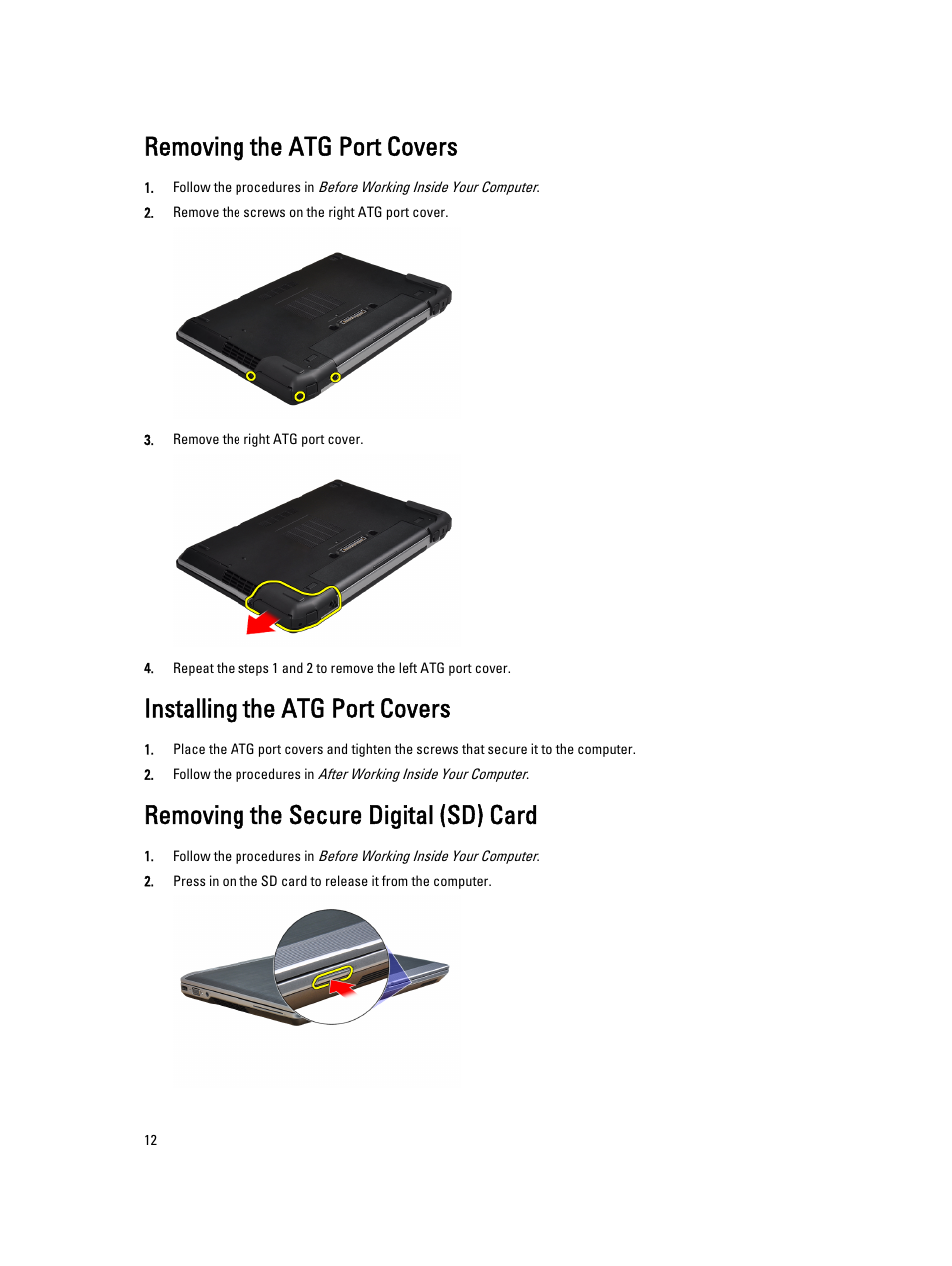 Removing the atg port covers, Installing the atg port covers, Removing the secure digital (sd) card | Dell Latitude E6430 ATG (Mid 2012) User Manual | Page 12 / 87