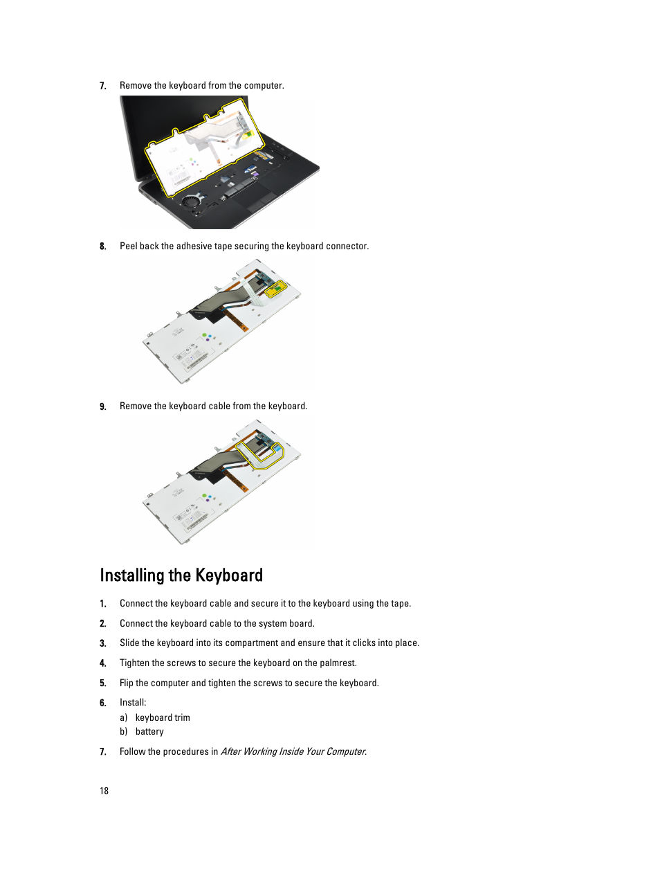 Installing the keyboard | Dell Latitude E6430 ATG (Mid 2012) User Manual | Page 18 / 87