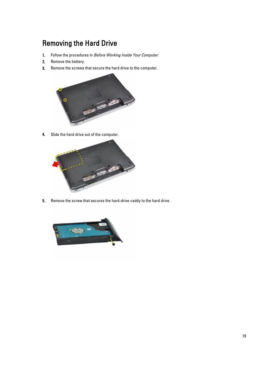 Removing the hard drive | Dell Latitude E6430 ATG (Mid 2012) User Manual | Page 19 / 87