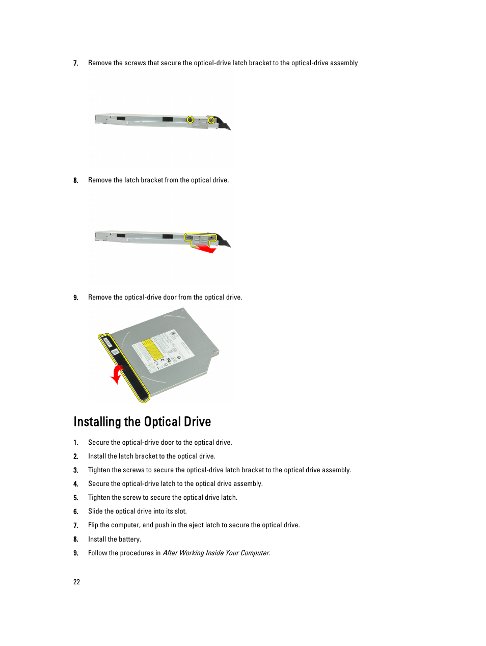 Installing the optical drive | Dell Latitude E6430 ATG (Mid 2012) User Manual | Page 22 / 87