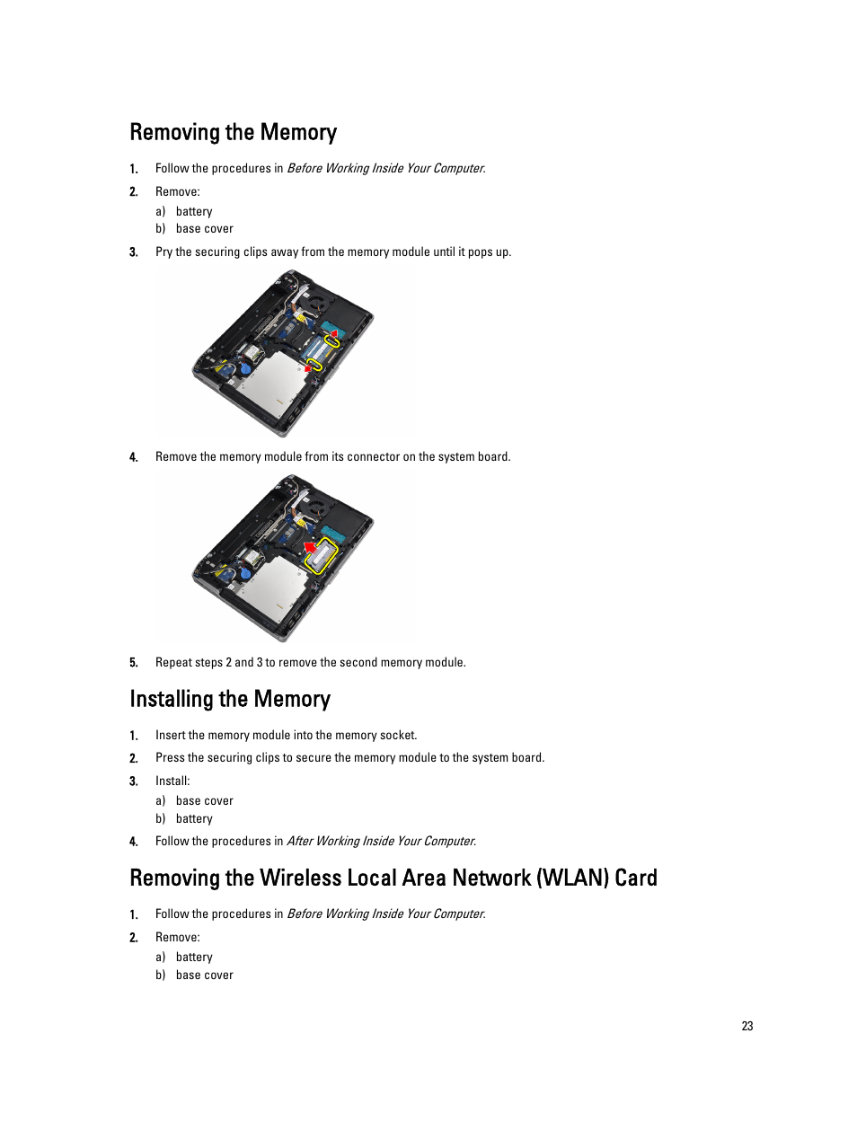 Removing the memory, Installing the memory | Dell Latitude E6430 ATG (Mid 2012) User Manual | Page 23 / 87