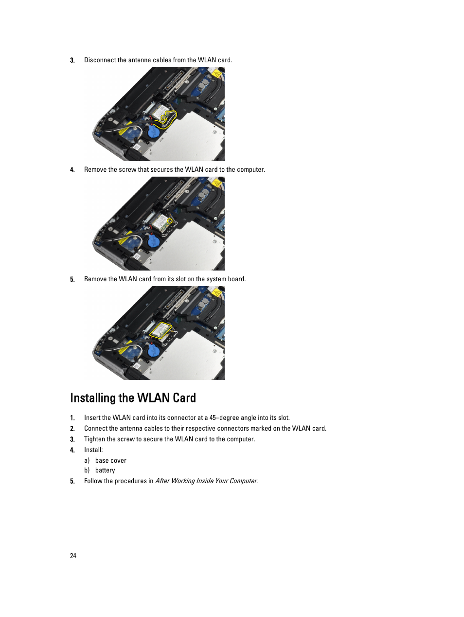 Installing the wlan card | Dell Latitude E6430 ATG (Mid 2012) User Manual | Page 24 / 87