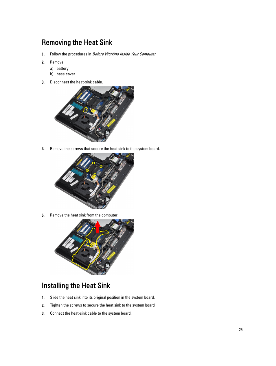 Removing the heat sink, Installing the heat sink | Dell Latitude E6430 ATG (Mid 2012) User Manual | Page 25 / 87