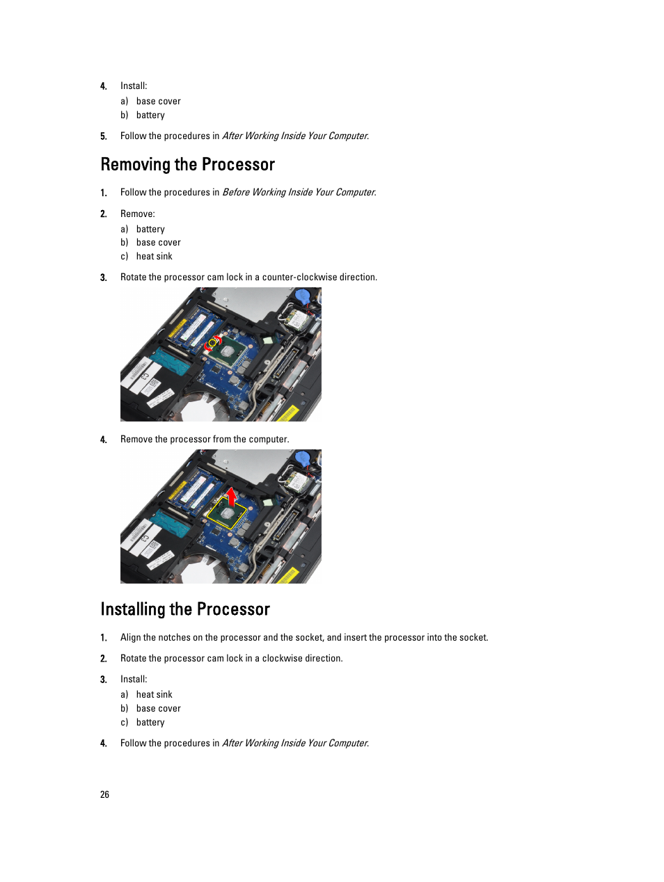 Removing the processor, Installing the processor | Dell Latitude E6430 ATG (Mid 2012) User Manual | Page 26 / 87