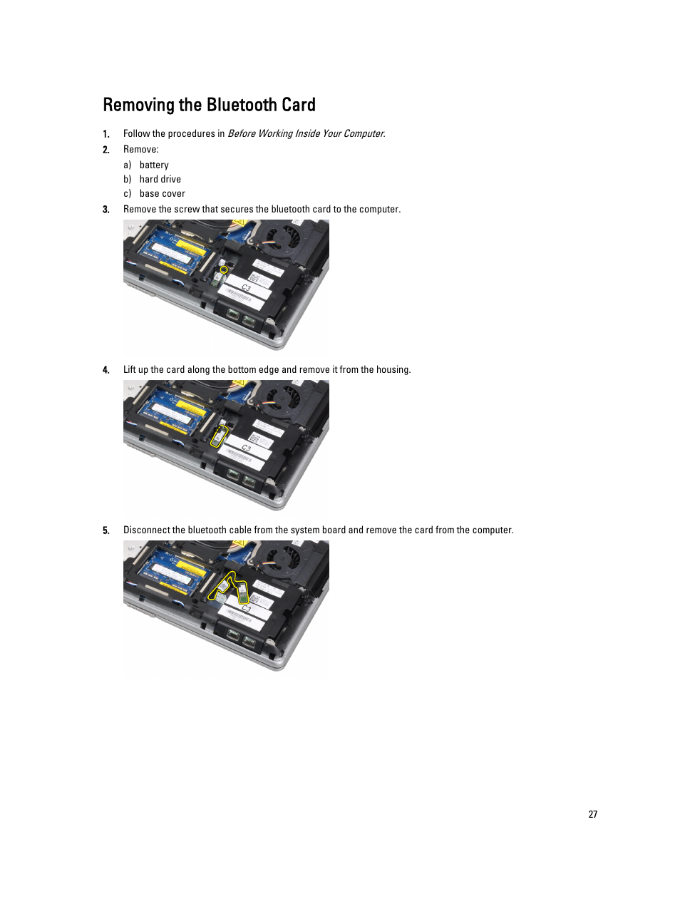 Removing the bluetooth card | Dell Latitude E6430 ATG (Mid 2012) User Manual | Page 27 / 87