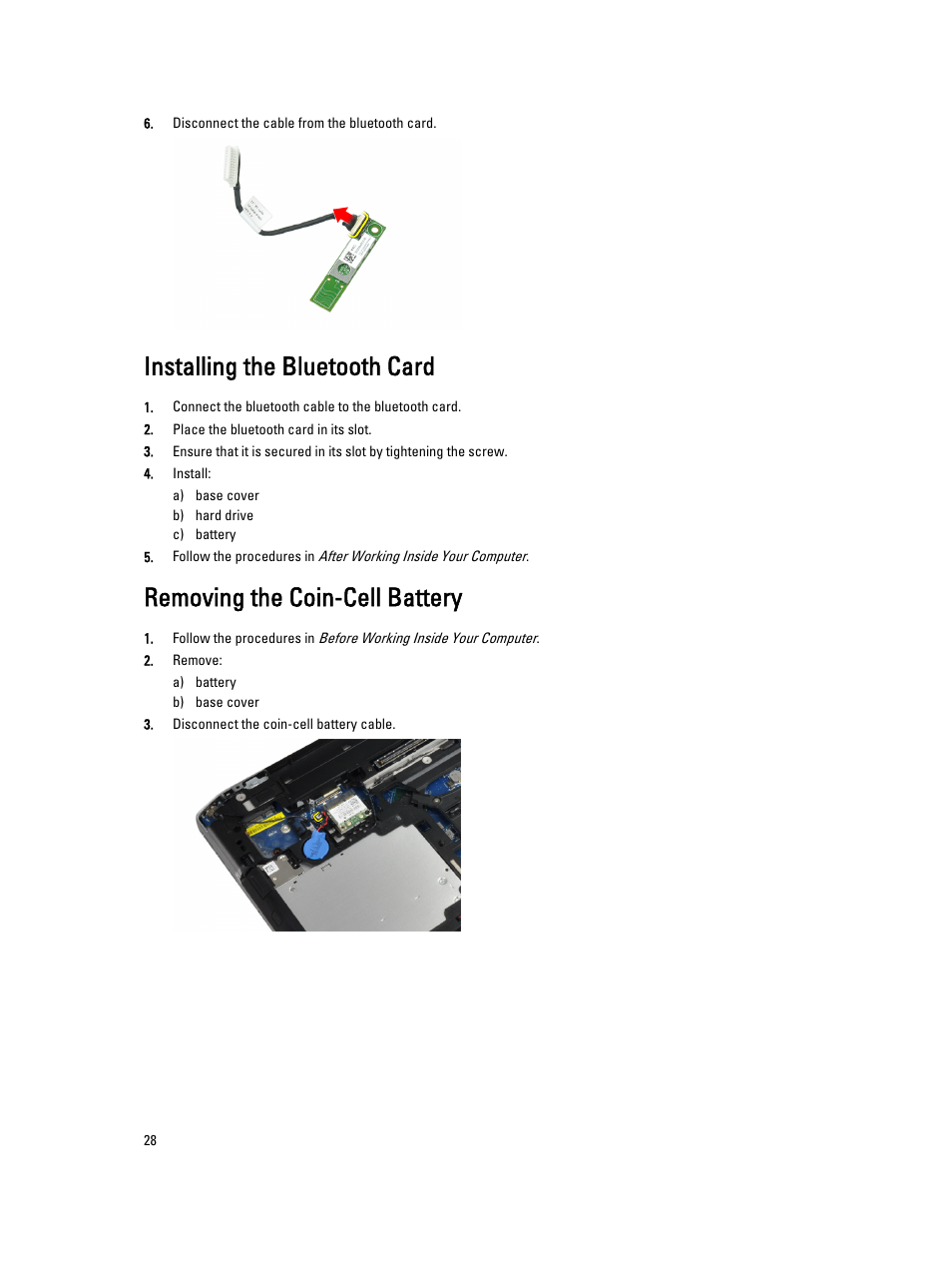 Installing the bluetooth card, Removing the coin-cell battery | Dell Latitude E6430 ATG (Mid 2012) User Manual | Page 28 / 87