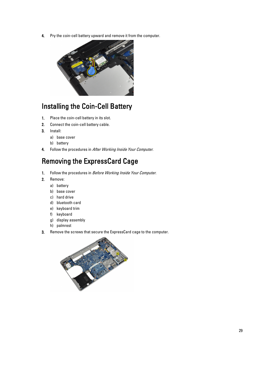 Installing the coin-cell battery, Removing the expresscard cage | Dell Latitude E6430 ATG (Mid 2012) User Manual | Page 29 / 87