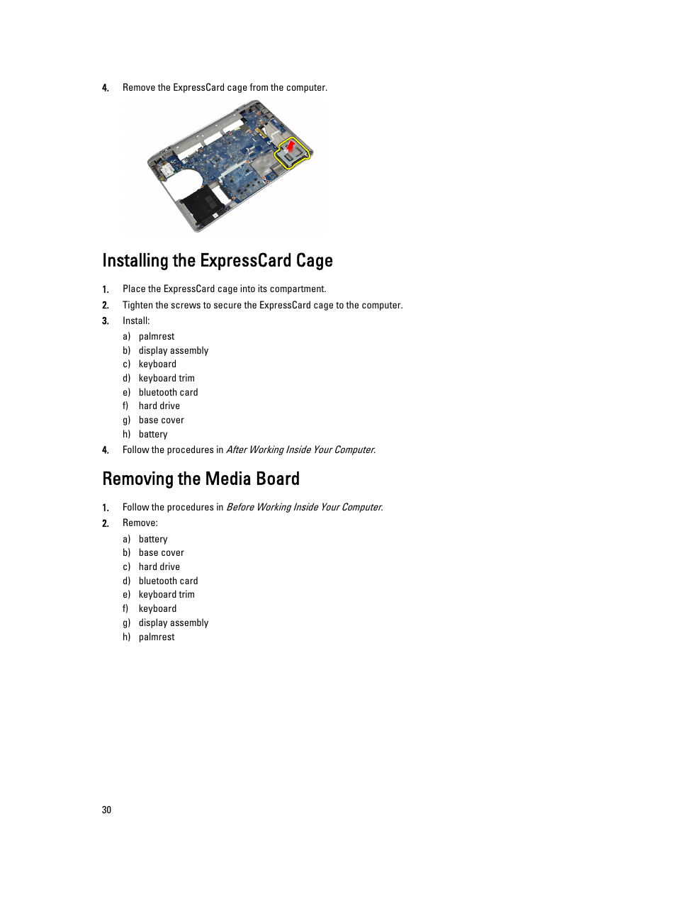 Installing the expresscard cage, Removing the media board | Dell Latitude E6430 ATG (Mid 2012) User Manual | Page 30 / 87