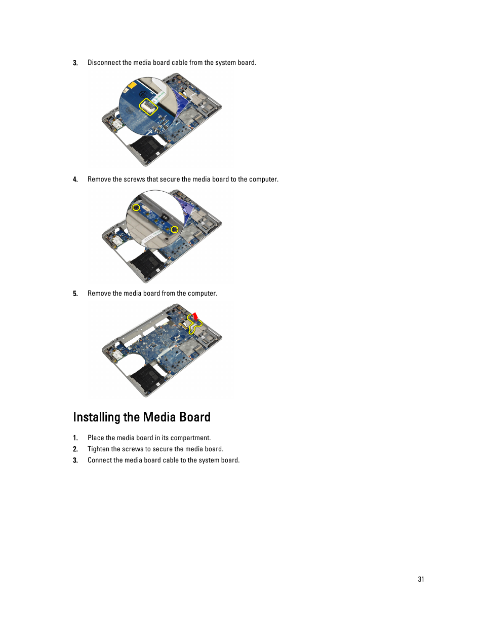 Installing the media board | Dell Latitude E6430 ATG (Mid 2012) User Manual | Page 31 / 87