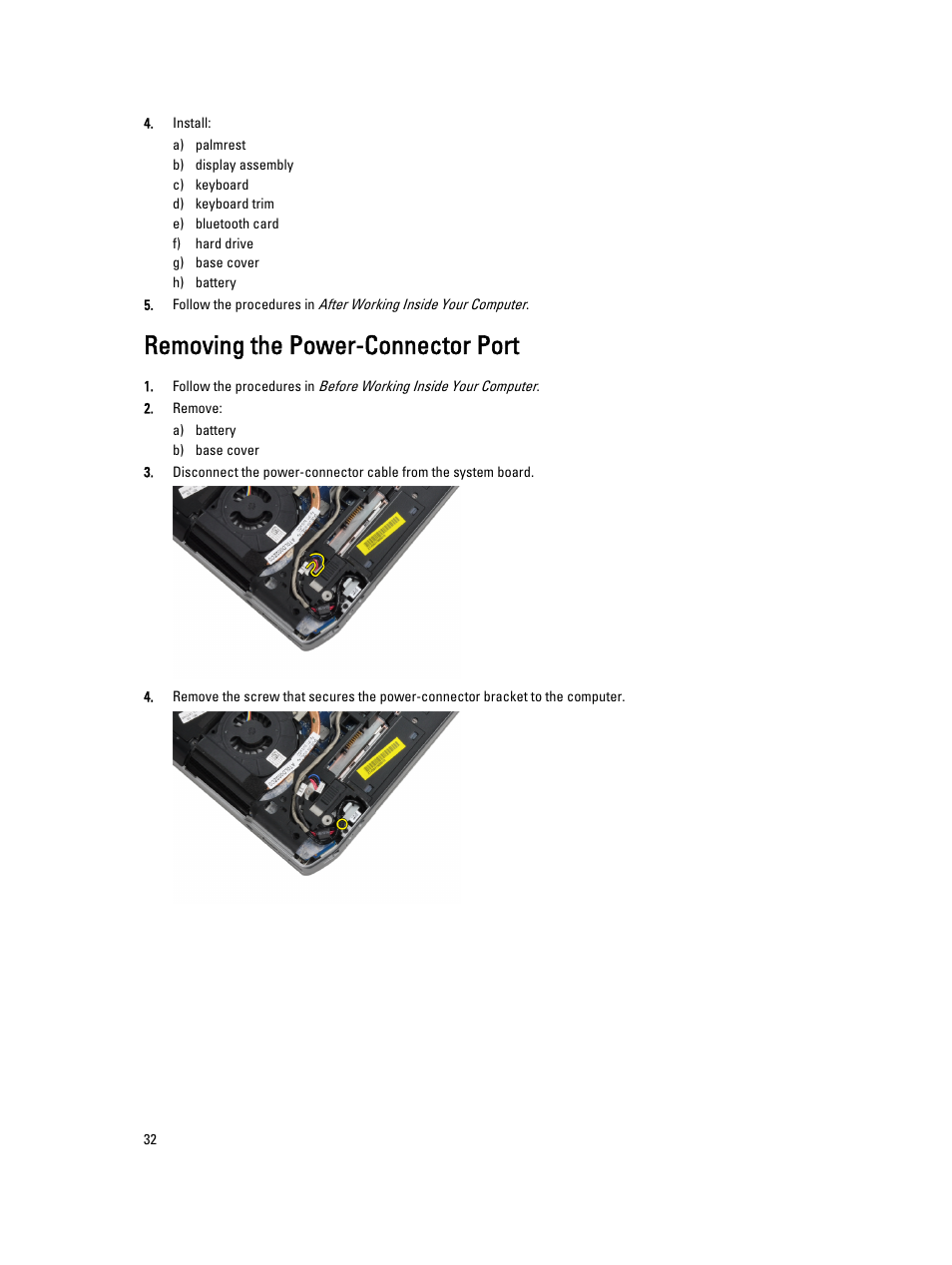 Removing the power-connector port | Dell Latitude E6430 ATG (Mid 2012) User Manual | Page 32 / 87