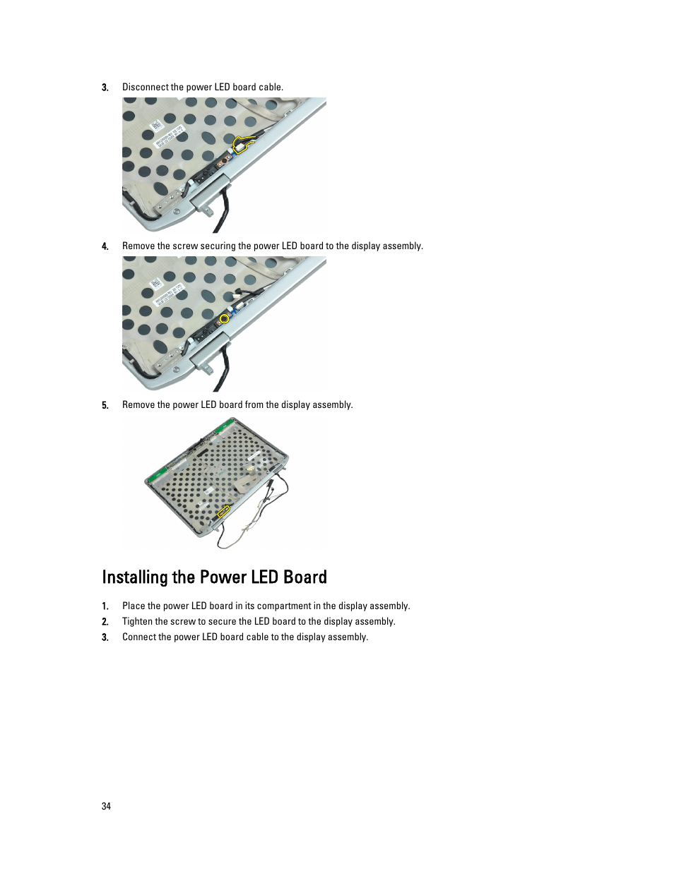 Installing the power led board | Dell Latitude E6430 ATG (Mid 2012) User Manual | Page 34 / 87