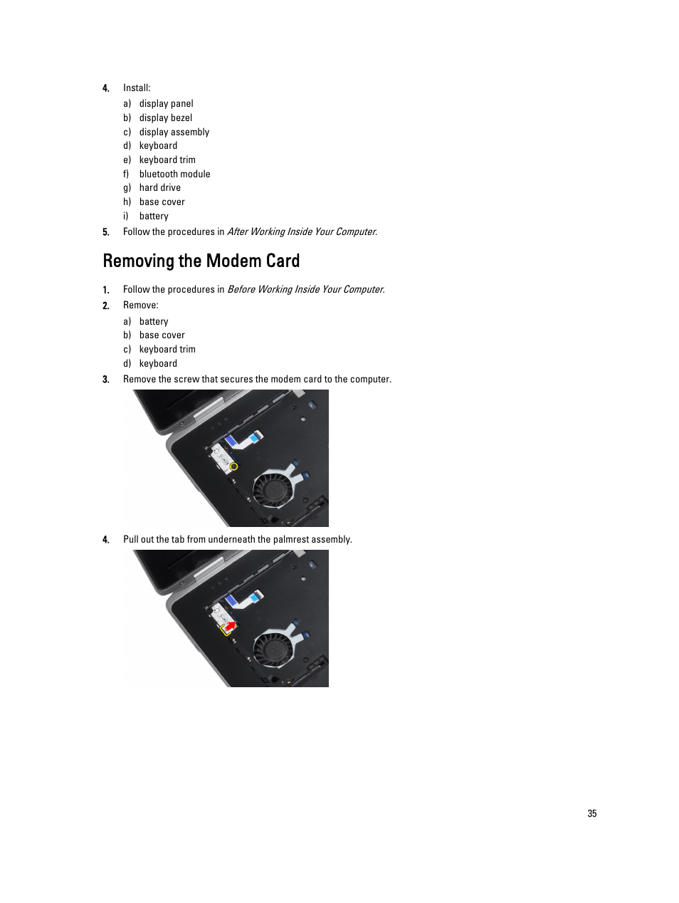 Removing the modem card | Dell Latitude E6430 ATG (Mid 2012) User Manual | Page 35 / 87