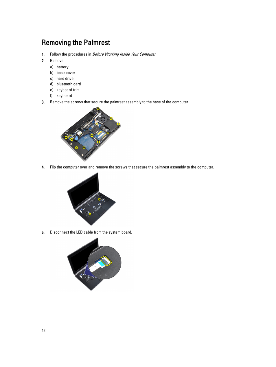 Removing the palmrest | Dell Latitude E6430 ATG (Mid 2012) User Manual | Page 42 / 87