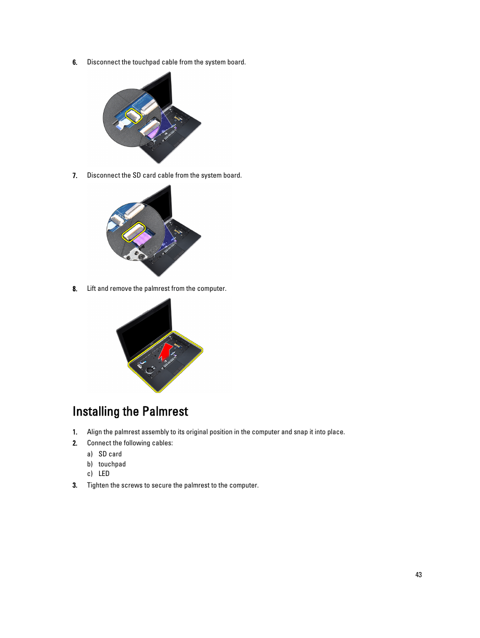 Installing the palmrest | Dell Latitude E6430 ATG (Mid 2012) User Manual | Page 43 / 87