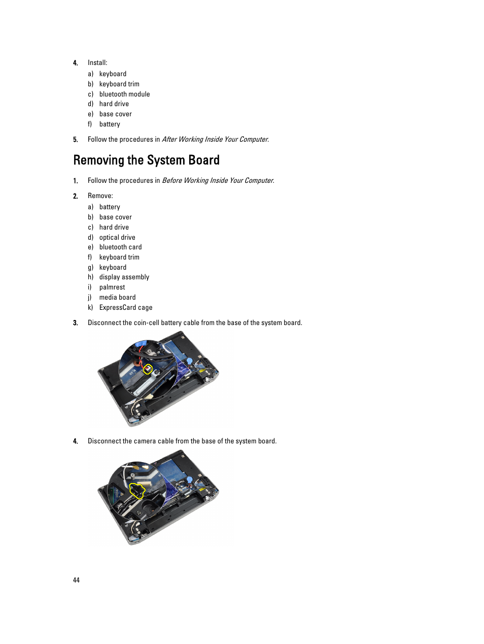 Removing the system board | Dell Latitude E6430 ATG (Mid 2012) User Manual | Page 44 / 87