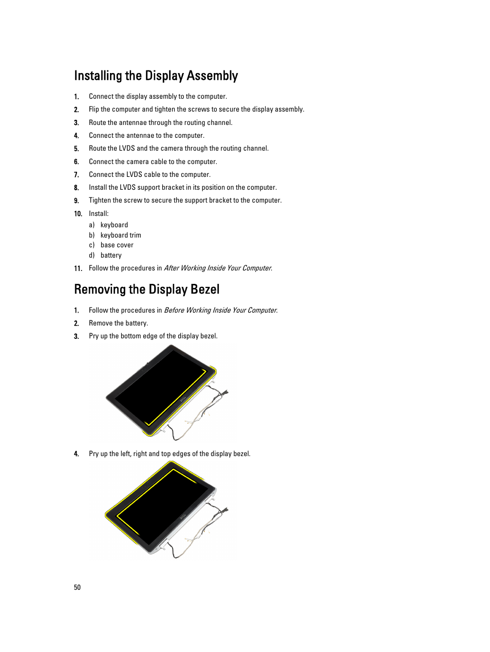 Installing the display assembly, Removing the display bezel | Dell Latitude E6430 ATG (Mid 2012) User Manual | Page 50 / 87