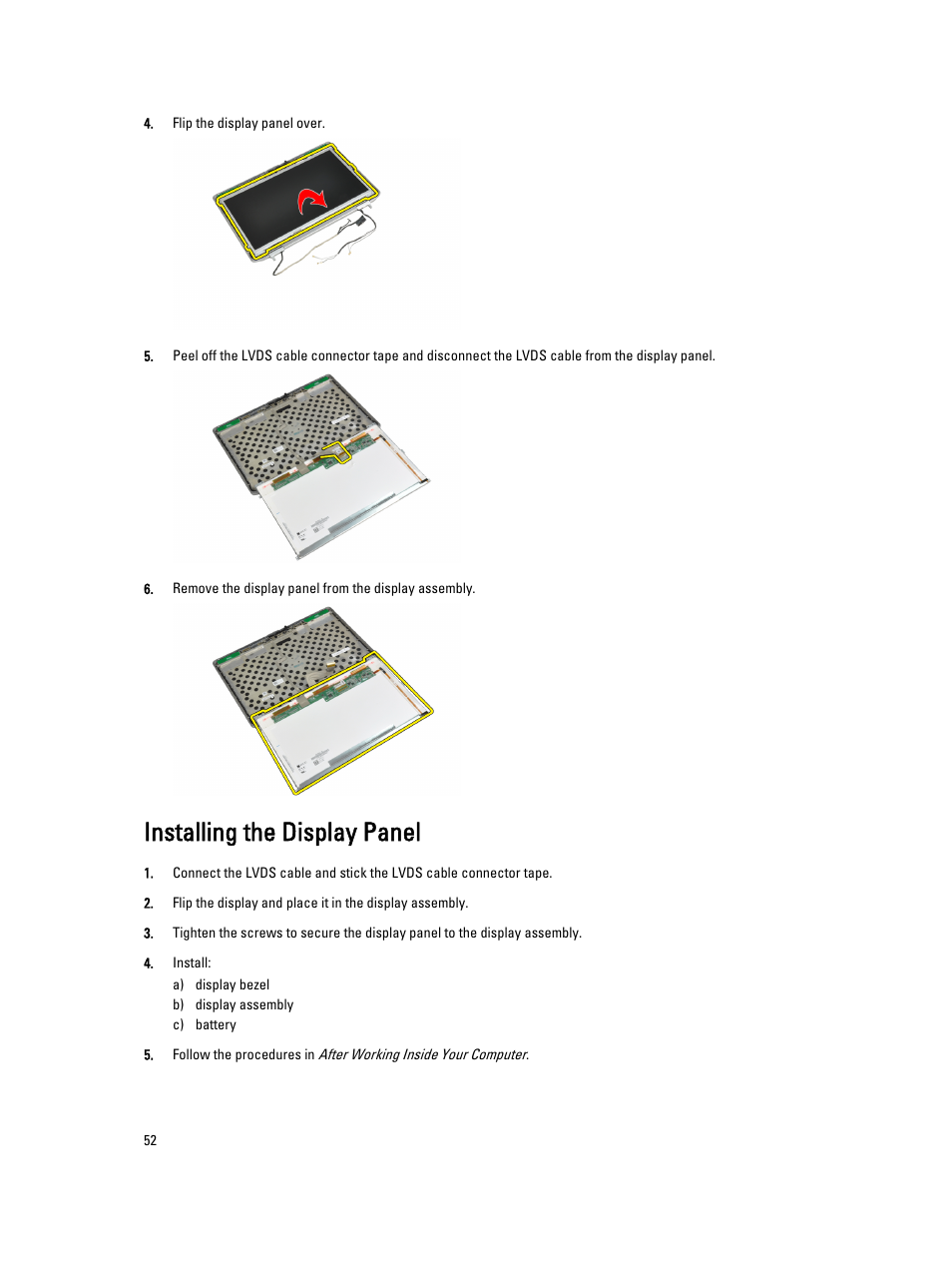 Installing the display panel | Dell Latitude E6430 ATG (Mid 2012) User Manual | Page 52 / 87