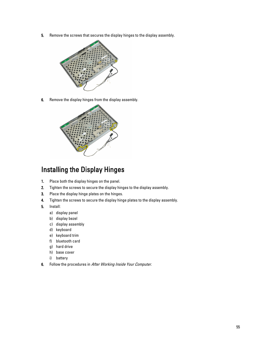 Installing the display hinges | Dell Latitude E6430 ATG (Mid 2012) User Manual | Page 55 / 87