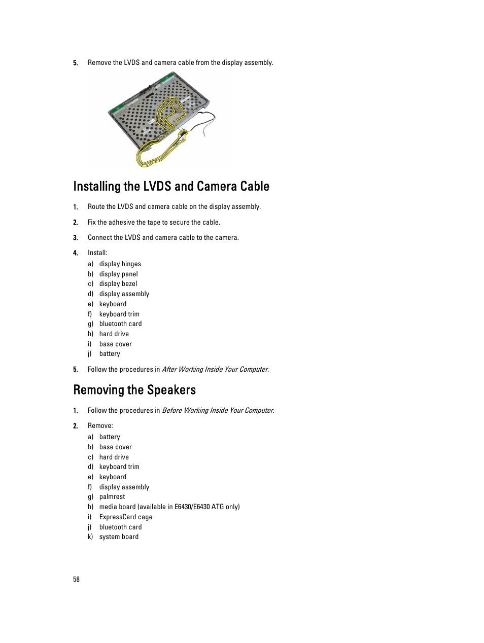 Installing the lvds and camera cable, Removing the speakers | Dell Latitude E6430 ATG (Mid 2012) User Manual | Page 58 / 87