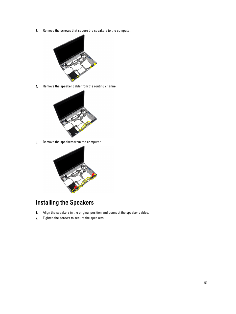 Installing the speakers | Dell Latitude E6430 ATG (Mid 2012) User Manual | Page 59 / 87