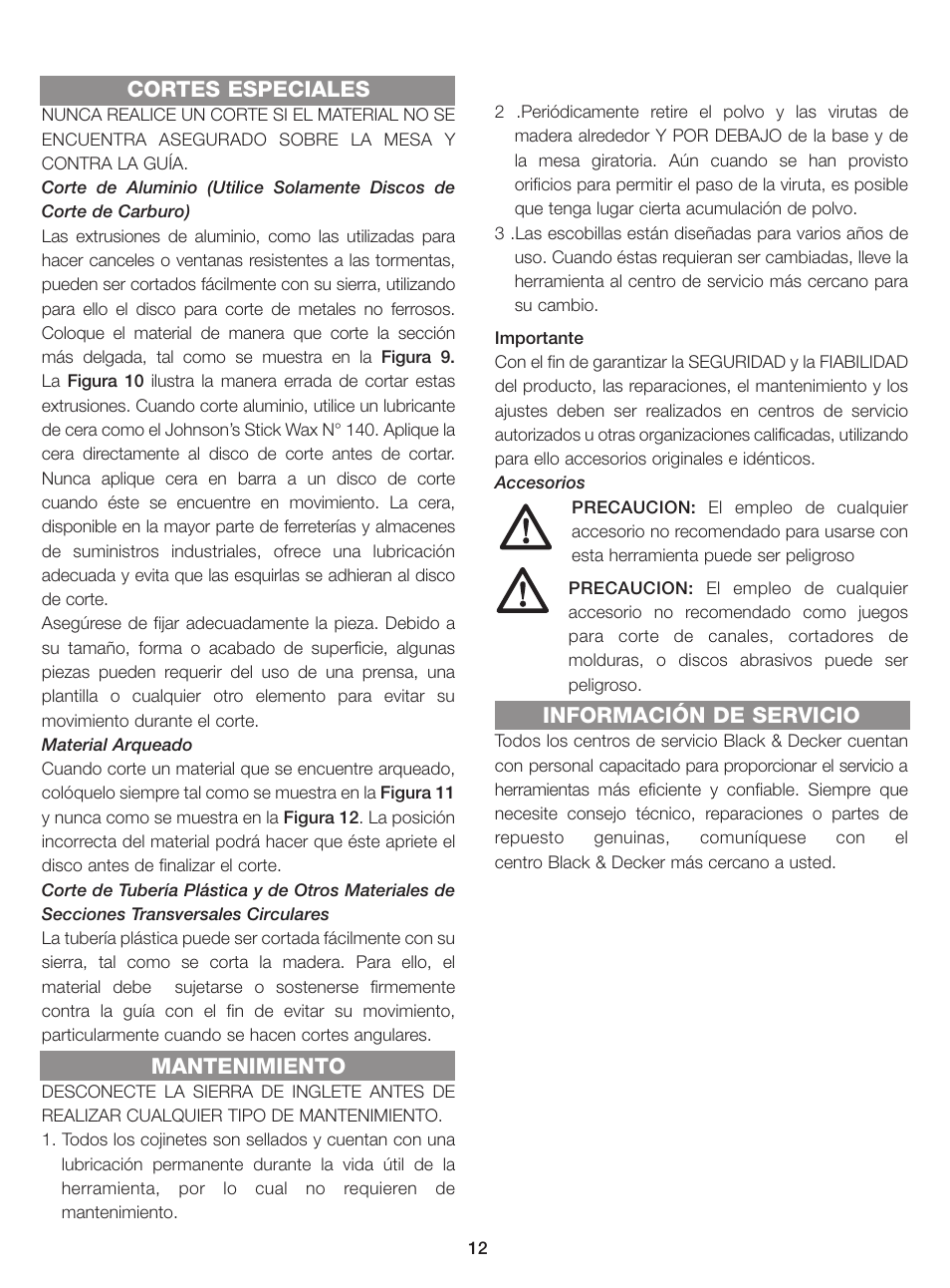 Cortes especiales, Mantenimiento, Información de servicio | Black & Decker BT1400 User Manual | Page 12 / 32