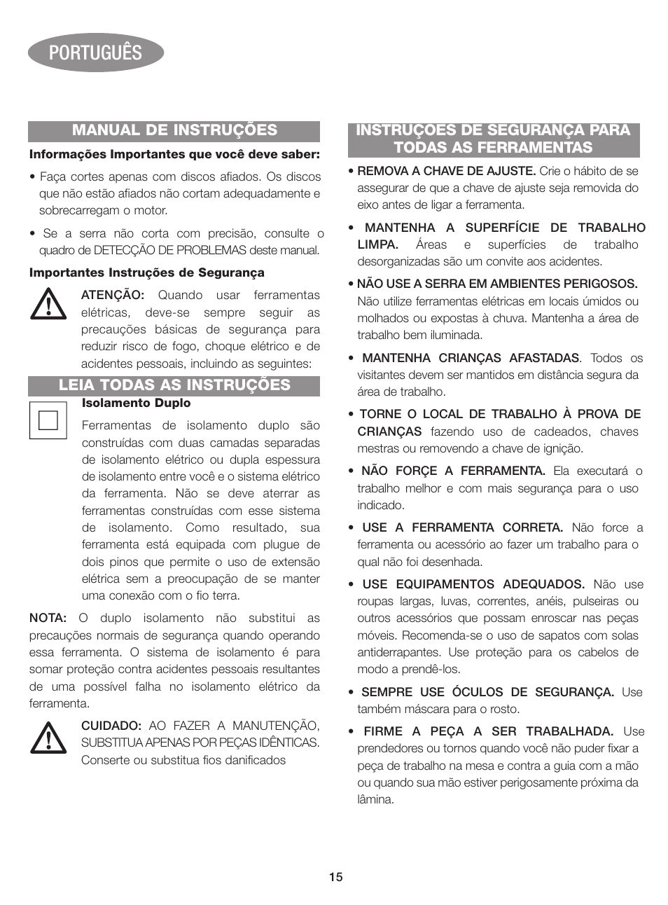 Português, Manual de instruções, Leia todas as instruções | Instruções de segurança para todas as ferramentas | Black & Decker BT1400 User Manual | Page 15 / 32