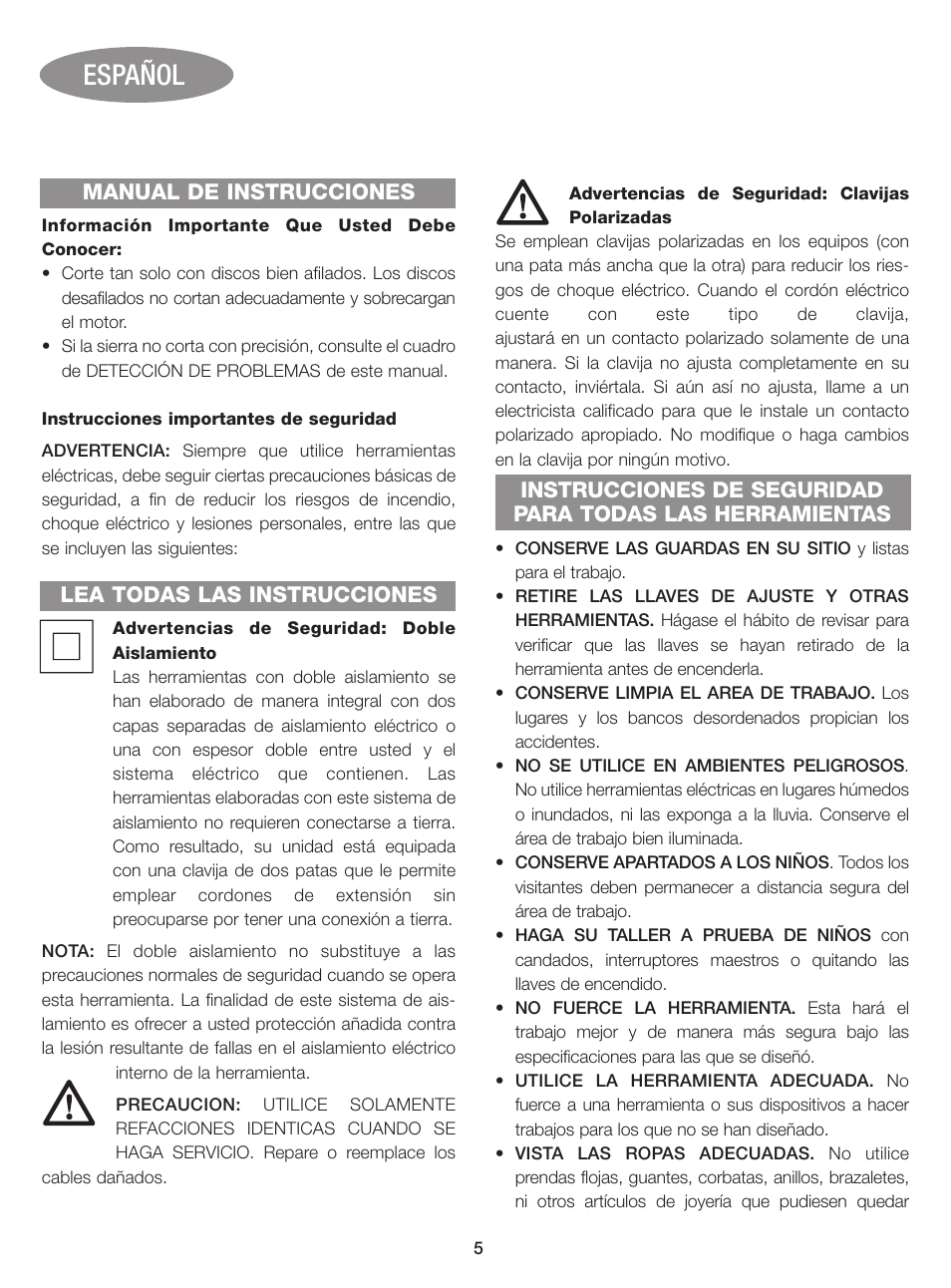 Español, Manual de instrucciones, Lea todas las instrucciones | Black & Decker BT1400 User Manual | Page 5 / 32