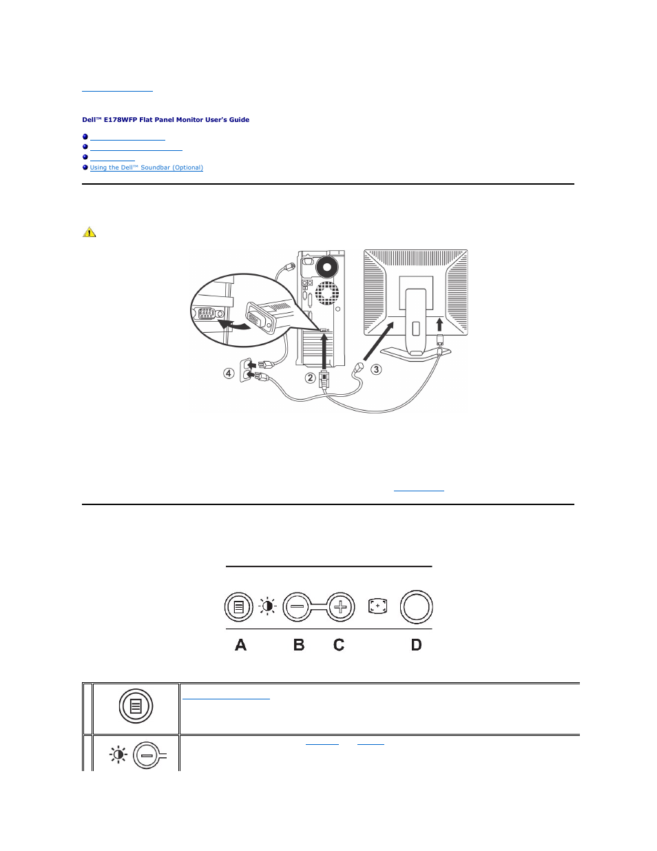 Setting up your monitor, Connecting your monitor, Using the front panel buttons | Dell E178WFP Monitor User Manual | Page 26 / 39