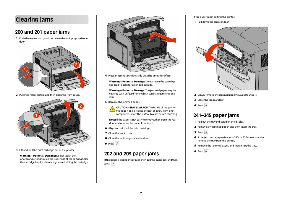 Clearing jams, 200 and 201 paper jams, 202 and 203 paper jams | 241–245 paper jams | Dell 5530/dn Mono Laser Printer User Manual | Page 2 / 2
