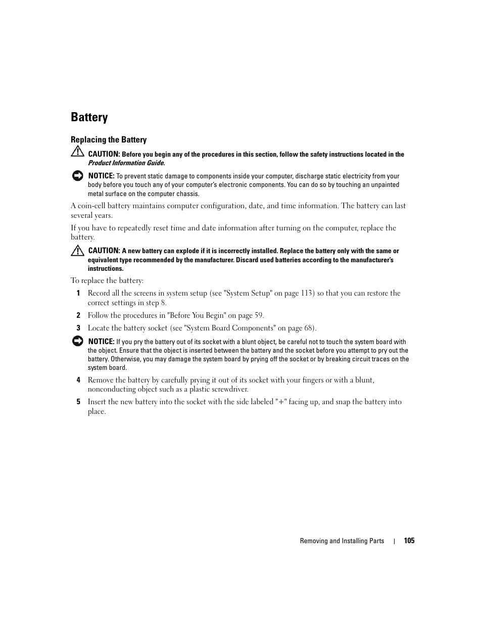 Battery, Replacing the battery | Dell Dimension E520 User Manual | Page 105 / 162