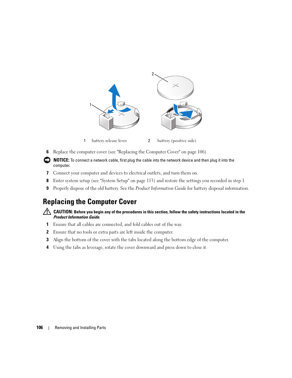Replacing the computer cover, Ect settings in step 8 | Dell Dimension E520 User Manual | Page 106 / 162