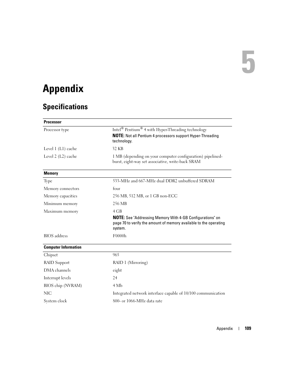 Appendix, Specifications | Dell Dimension E520 User Manual | Page 109 / 162