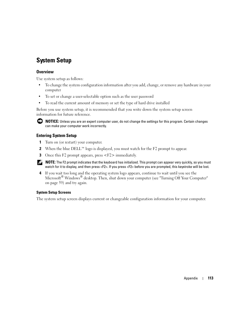 System setup, Overview, Entering system setup | Dell Dimension E520 User Manual | Page 113 / 162
